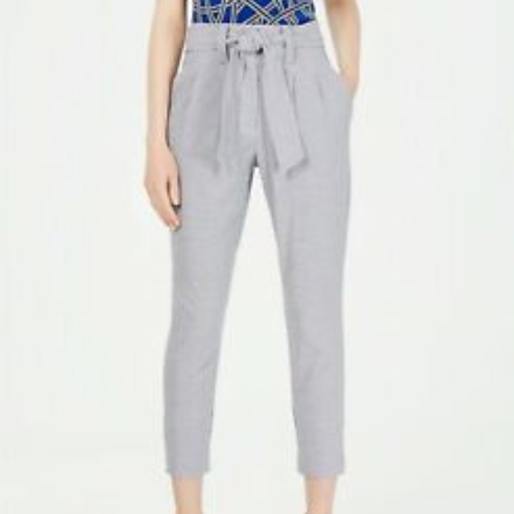 Calvin Klein Women 14 Printed Tie-Waist Pants Grid Pattern Blue/White Cropped